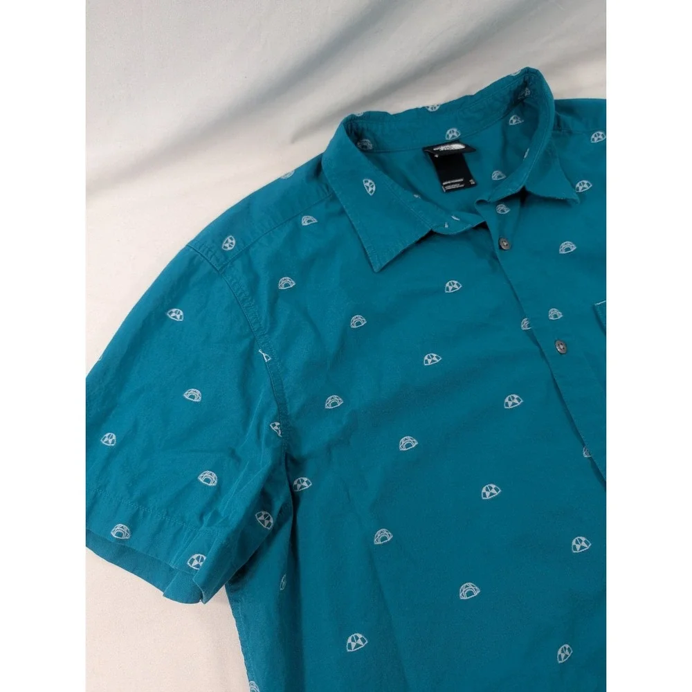The North Face Button Up Shirt Mens XL Teal Blue AOP Geometric Short Sleeve